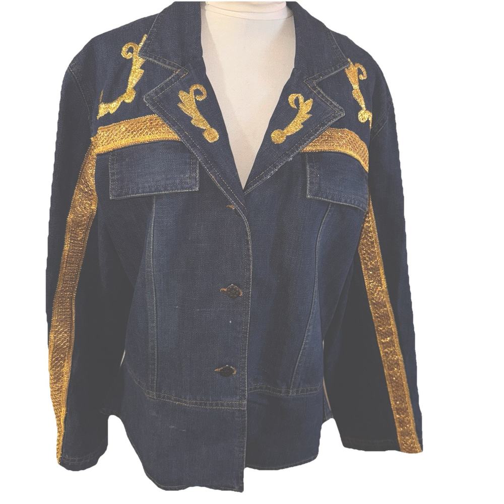 Lew Magram Collection Embroidered Gold Appliqué Denim Jean Jacket Size Large Y2K
